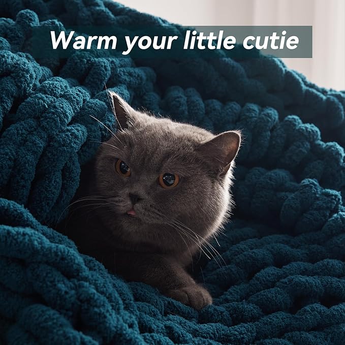 Chunky Knit Throw Blanket, 50''*60'' Knitted Throw Chenille Yarn for Bed Couch, Handmade Peacock Blue Crochet Big Thick Blanket, Machine Washable Cute Comfy Blanket for Home Decor-Ruum Studio Home