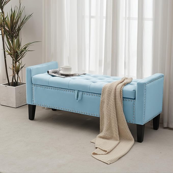 Storage Ottoman Bench, Velvet Upholstered Footstool for Bedroom and Living Room, Tufted Seat with Storage, Wooden Legs & Metal Rivets, Light Blue-Ruum Studio Home