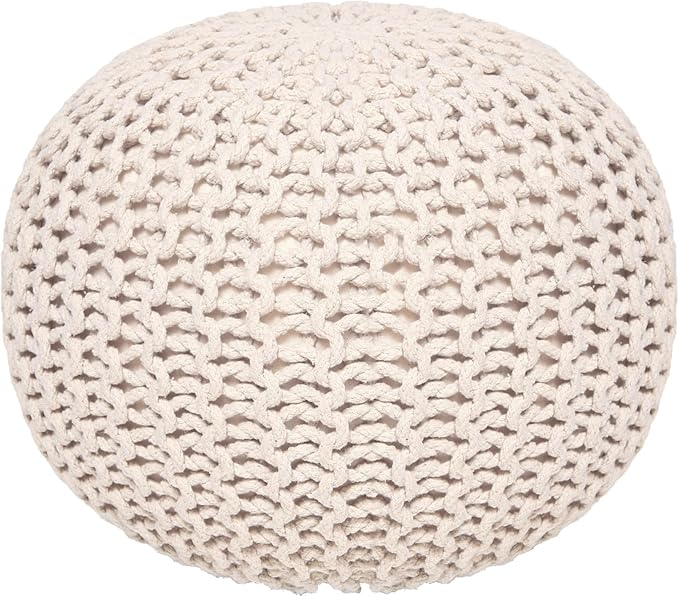 REDEARTH Round Pouf Ottoman –18"x18"x14" Hand-Knitted Cotton Pouffe –Cable Footstool –Boho Dori Hassock –Pre-Stuffed Poof – Extra Seat -Poofy Footrest for Living Room, Bedroom, Nursery, Nook –Ivory-Ruum Studio Home