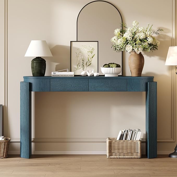 55" Sofa Table with Oval Top and 2 Drawers, Entryway Console Table with Fluted Design for Hallway,Foyer,Entry and Living Room (Fully Assembled-Navy)-Ruum Studio Home