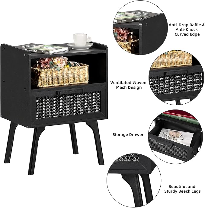 Lerliuo Rattan Nightstands Set of 2, Boho Side Table with Drawer Open Shelf, Cane Accent Bedside End Table with Solid Wood Legs for Bedroom, Dorm and Small Spaces (Black)-Ruum Studio Home