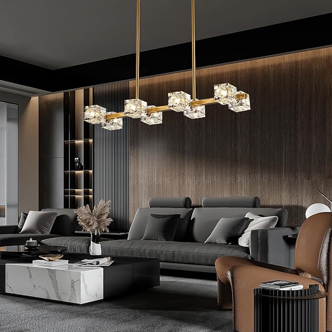 Dining Room Light Fixture,Gold Modern Crystal Chandelier Rectangular Pendant Light with 8 Light Farmhouse Chandeliers for Kitchen Island Dining Room Living Room Bedroom-Ruum Studio Home