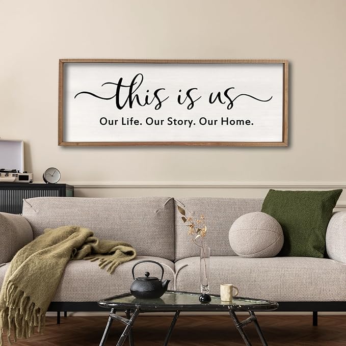 This is us Wall Decor Sign 40'' x 15'' Large Master Bedroom Home Life Story Wood Framed Vintage Family Sign Rustic Plaque Living Room Minimalist Farmhouse Hanging Wall Art (Wood)-Ruum Studio Home