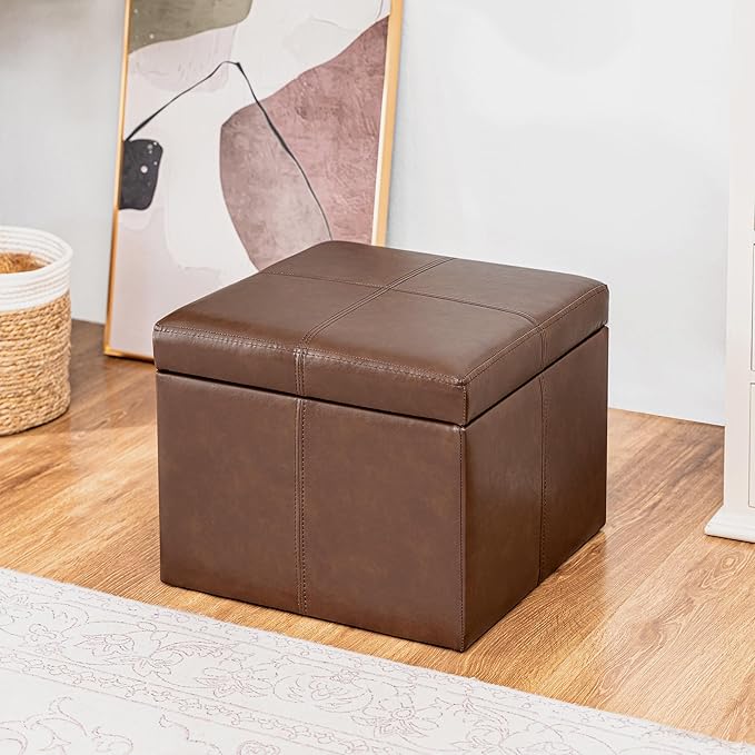Adeco Storage Ottoman Foot Rest Stool, Leather Ottoman Footstool with Hinged Lid, 17" Small Foot Stool Bench for Living Room, Bedroom-Ruum Studio Home