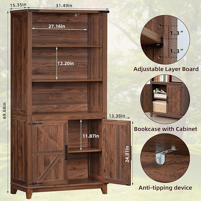 70in Tall Bookshelf 5 Tier Bookcase with Barn Doors and Adjustable Shelves, Brown Farmhouse Book Shelf with Storage Cabinet, Wood Freestanding Display Bookshelves for Bedroom, Living Room-Ruum Studio Home