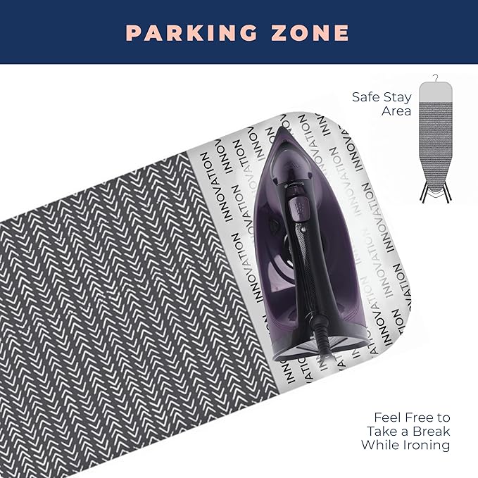 Happhom Ironing Board, Compact and Space Saver Iron Board, Safety Ironing with Park Zone and 4 Layers Extra Thick Cover, Patented Lock System for Foldable Leg, Easy Storage with Smart Hanger (13x43)-Ruum Studio Home