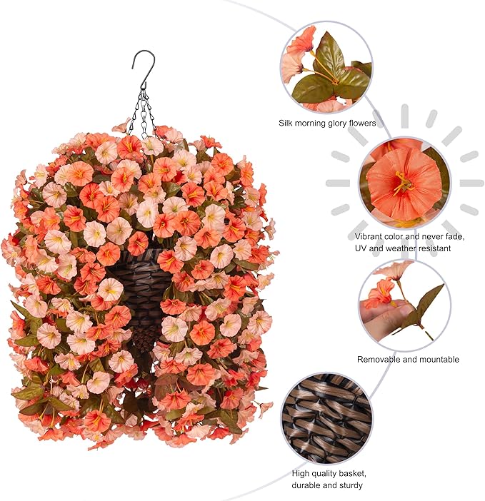 Artificial Fake Fall Hanging Flowers Plants Basket for Outdoor Autumn Decoration, Faux Silk Morning Glory Long Vines Realistic UV Resistant for Outside Home Porch Garden (Fall Orange+Light Orange)-Ruum Studio Home