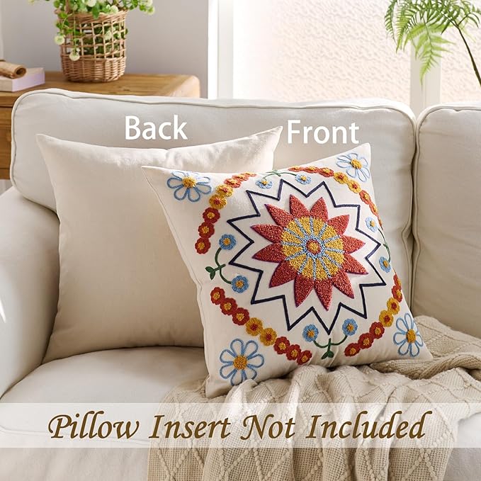 Embroidered Throw Pillow Cover 18x18 Classic Fall Boho Floral Pattern Pillows Cover Outdoor Decorative Pillowcase,Durable Cozy Textured Cushion Case for Sofa Couch Bed Living Room,Orange-Ruum Studio Home
