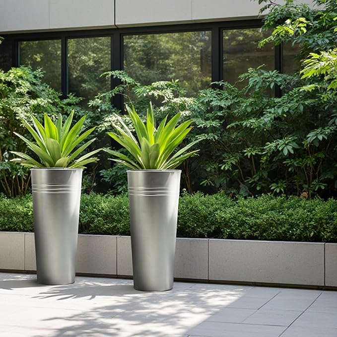 KOL 28'' Tall Galvanized Steel Planter Pot - Flower Pot with Water Level Indicator for Plants - 2-Pack Self Watering Planters - Round Silver Powder Metal Planter Box - Indoor Outdoor Grande Plant-Ruum Studio Home