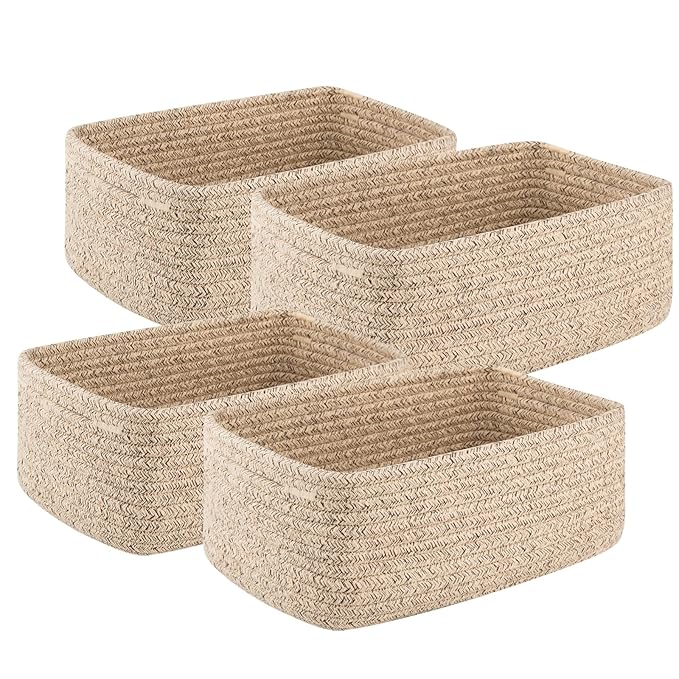 4 Pack Small Storage Shelf Baskets for Organizing, Mini Woven Rope Storage Bins for Towels, Cute Decorative Closet Organizer，Baby Nursery, Gift Empty Baskets -13''Lx8.66''Wx5.11''H-Brown-Ruum Studio Home