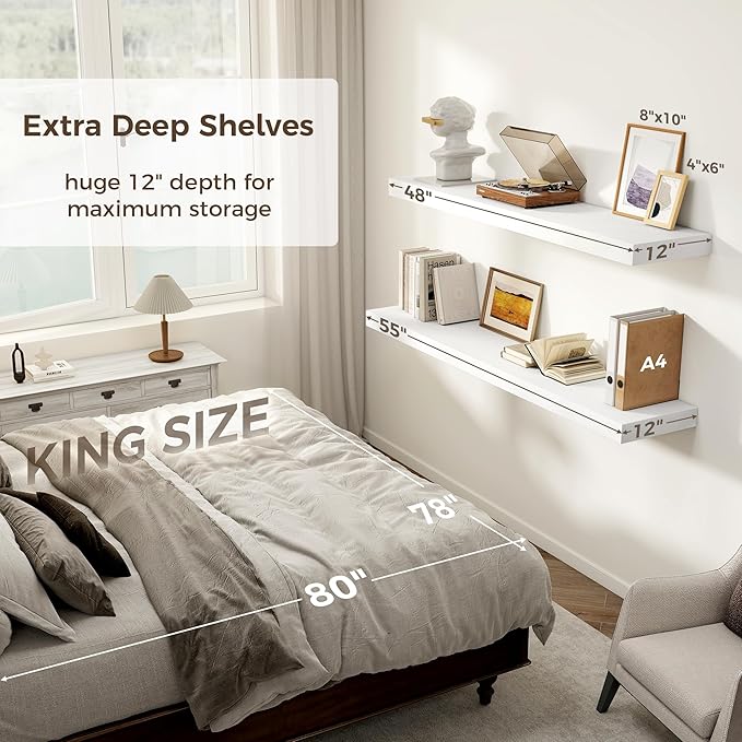 Fun Memories White Floating Shelves 55 Inch Long, 12 Inch Deep Floating Shelves for Wall, 55 x 12 Large Wall Shelf for Fireplace Mantel, 2 Inch Thick Storage Shelves for Living Room, Bedroom, 1 Pack-Ruum Studio Home