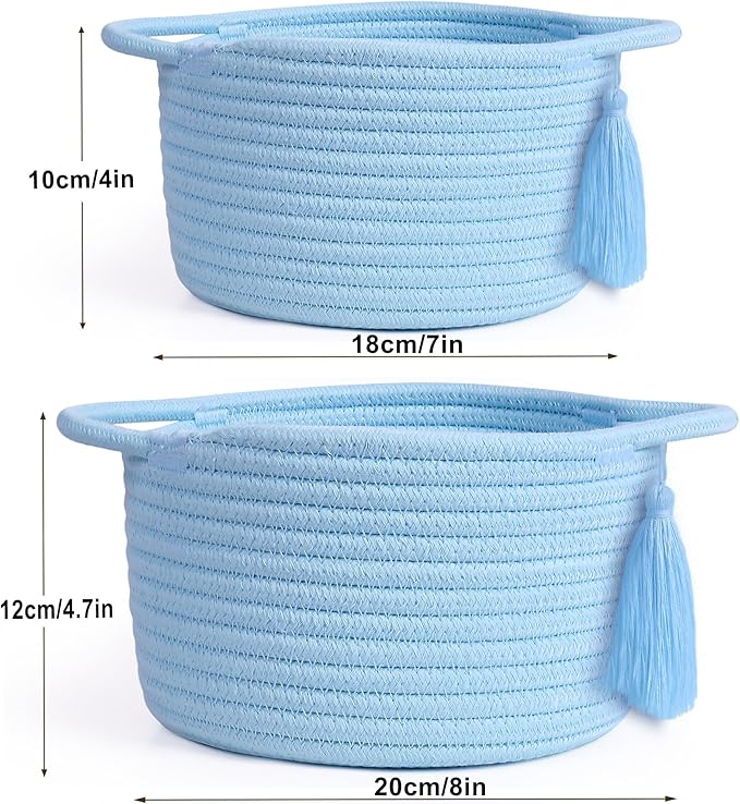 Empty Gift Basket Mini Woven Rope Organizer Baskets for Baby Shower, Vanity, Makeup Brushes, Bathroom, Shelves, Desk - Small Decorative Storage Bins - Set of 2, Pre-Shaped, Soft Blue-Ruum Studio Home