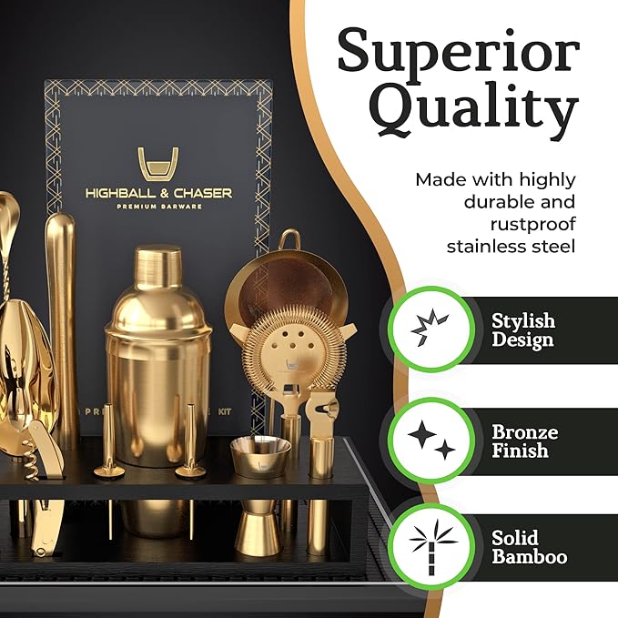 Highball & Chaser Bartender Kit with Espresso Bamboo Stand. Beautiful Cobbler Cocktail Shaker Set with Bar Tools Rustproof Stainless Steel Bar Set (Matte Gold)-Ruum Studio Home