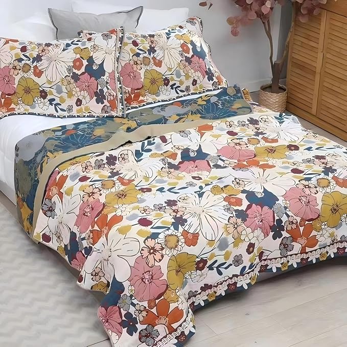 Boho Muslin Blanket for Adults 4-Layer Gauze Twin Size Soft Cozy 100% Cotton Summer Cooling Blanket Floral Decor for Sofa Bed Coverlet Both Sides (Colorful Floral, 80 x 90 in)-Ruum Studio Home