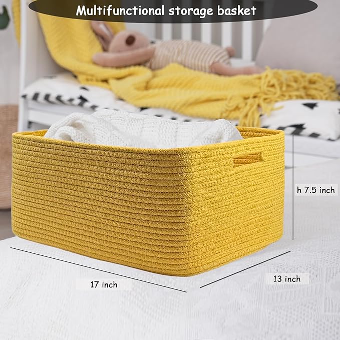 COMFY-HOMI Cotton Rope Woven Basket with Handles for Shelves,Toys,Book, Cloth Storage Baskets for Organizing-17" x 13" x 7.5" Toy Decorative Organizer for Living Room, Bathroom （Yellow）-Ruum Studio Home