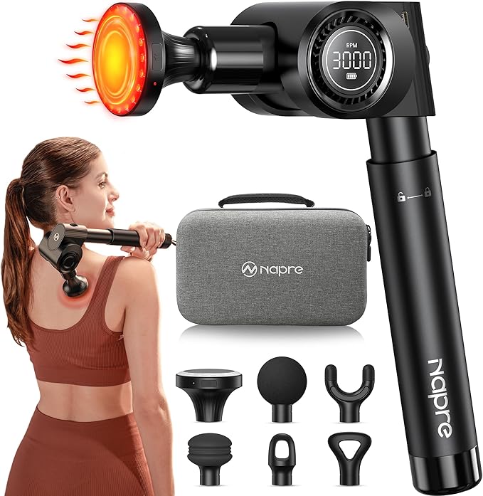 Massage Gun with Heat and Red Light Therapy,Deep Tissue Percussion Back Massager for Muscle/Neck/Body Pain Relief with Long Extension Retractable Handle,32-Speeds,Foldable,5 Adjustable-Ruum Studio Home
