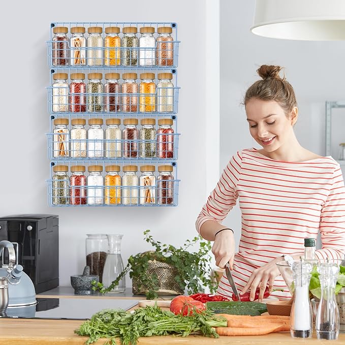 Spice Rack Wall Mount, Wall Spice Organizer for Kitchen Cabinet Door, Pack of 4 Hanging Spice Rack for Wall Saving Kitchen Space, Light Blue-Ruum Studio Home