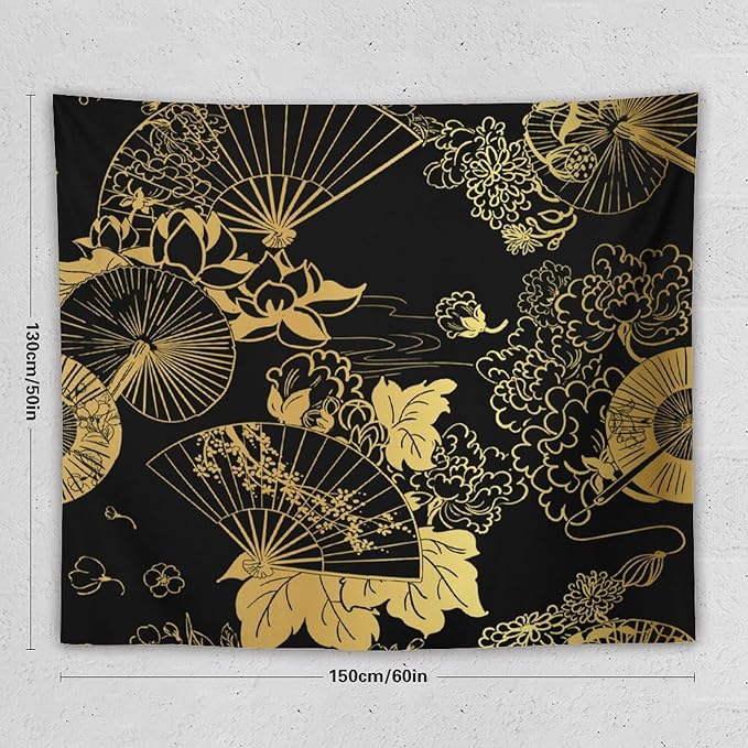 HZOHNAGO Japanese Tapestry Gold Flowers Umbrella Fan Pattern Printed Wall Tapestry Painting Wall Hanging for Bedroom Living Room Dorm 60" W x 50" H-Ruum Studio Home