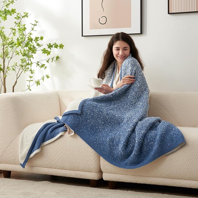 Snuggle Sac Blue Blanket Twin Size for Bed and Sofa, Reversible Super Soft Blankets Warm Cozy Knit Blankets Fuzzy Plush Lightweight for Couch, Picnic, Ombre Blue, 60x80 inches-Ruum Studio Home