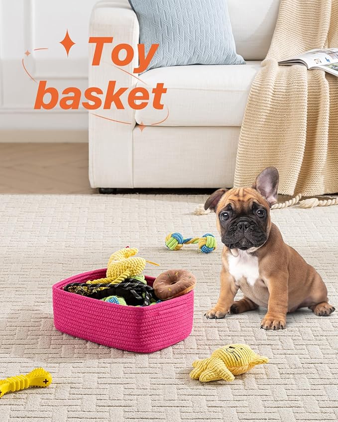 KALLAX Small Woven Basket, 12 x 8 x 4.5 Inches, Storage Basket for Organizing, Cute Small Rope Shelf Closet Cube Storage Bins Baskets for Shelves, Dog Toy Gift Baskets Empty, 3 Packs, Hot Pink-Ruum Studio Home