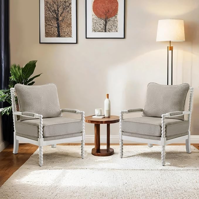 DUHOME Linen Fabric Spindle Accent Chairs Set of 2 with Wood Frame,Modern Accent Chairs with Padded Spring Seat and Brushed White Base for Living Room Bedroom Farmhouse Home Office Belcony-Ruum Studio Home