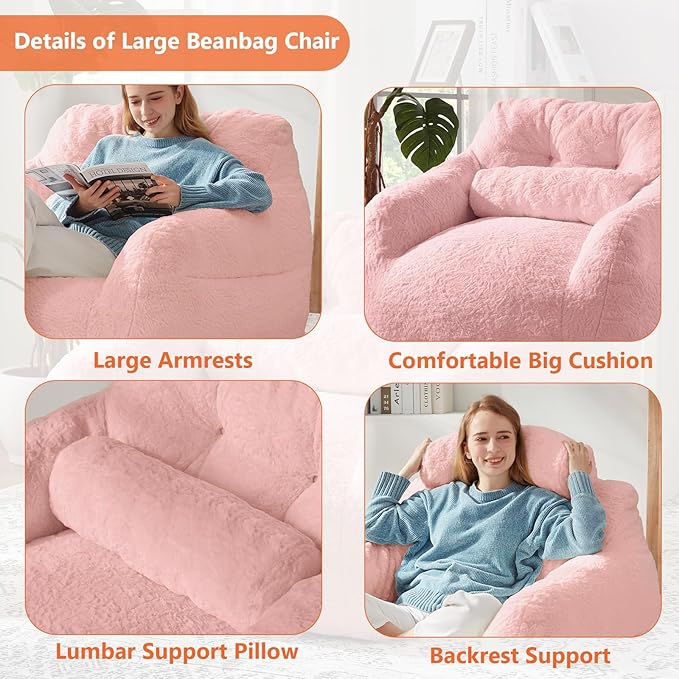 Bean Bag Chair for Adults with Pillow,Oversized Bean Bag Couch Chairs for Adults,Giant Lazy Couch Sofa Chairs with Filler,Large Reading Chair for Living Room Bedroom,Pink-Ruum Studio Home