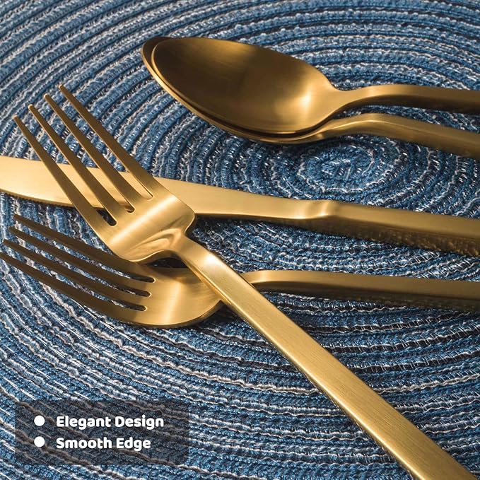 Alata Cube Gold 45-Piece Flatware Set, Forged Cutlery Set, Matte Gold Silverware Service for 8, Stainless Steel Tableware with Square Handle for Home/Restaurant, Dishwasher Safe-Ruum Studio Home