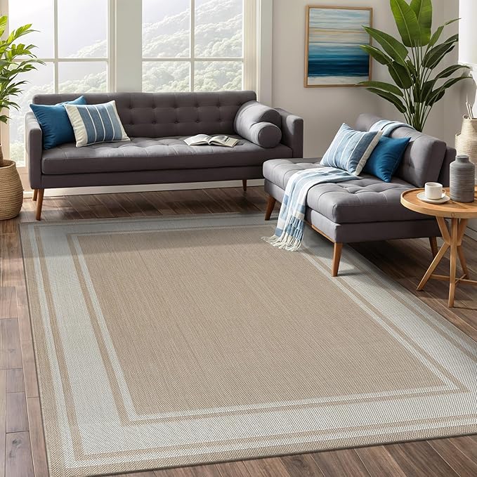 Beverly Rug Large Outdoor Rug 9x12 Modern Bordered Area Rugs for Indoor and Outdoor Patio Deck Porch Garden Waterproof Weather Sun Resistant Washable Outside Carpet (9 x 12 Beige)-Ruum Studio Home