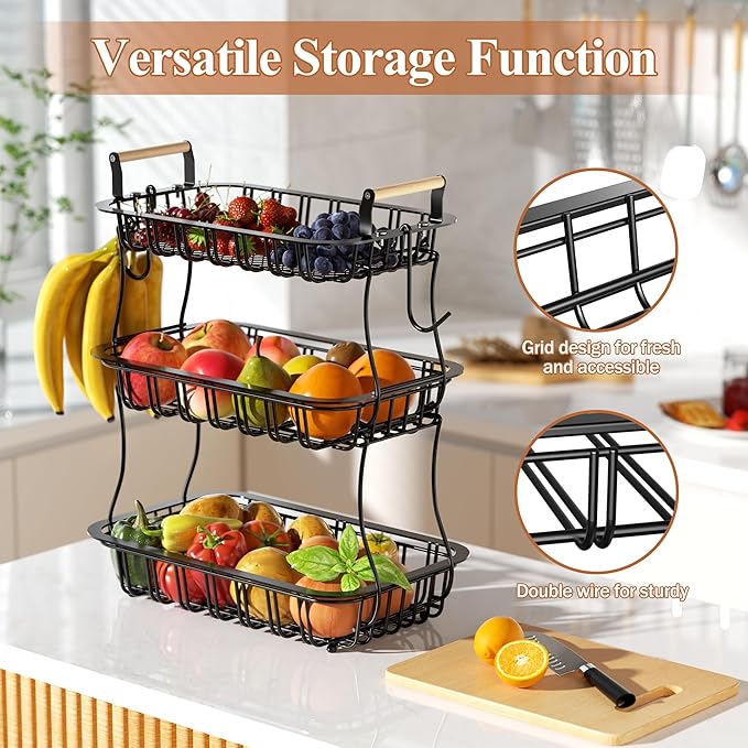 3 Tier Fruit Basket for Kitchen Counter, Fruit Bowl with 2 Banana Hooks Mesh Top, Multifunctional Detachable Sturdy Kitchen Storage Organizer for Vegetables Snacks Onion Potato, Black-Ruum Studio Home