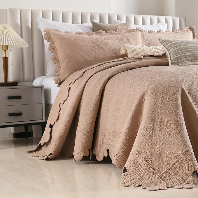 MarCielo 3-Piece 100% Cotton Oversized Bedspread Lightweight Quilt Coverlet Embroidery Farmhouse Bedding Set (TK Pale Taupe Camel, Oversized Queen (100"x106"))-Ruum Studio Home