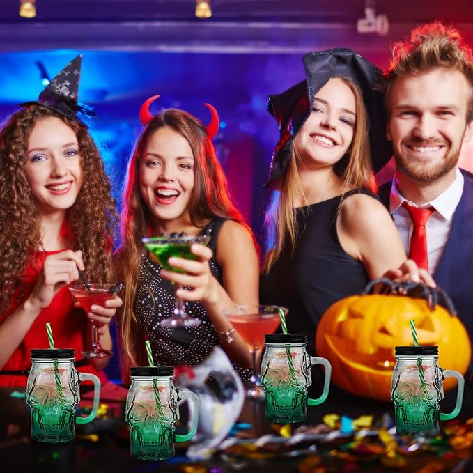 Halloween Cups Set of 4 - Green Skull Glass Drinking Jar with Lids and Straws - Halloween Decor, Drinking Glasses 16 oz-Ruum Studio Home