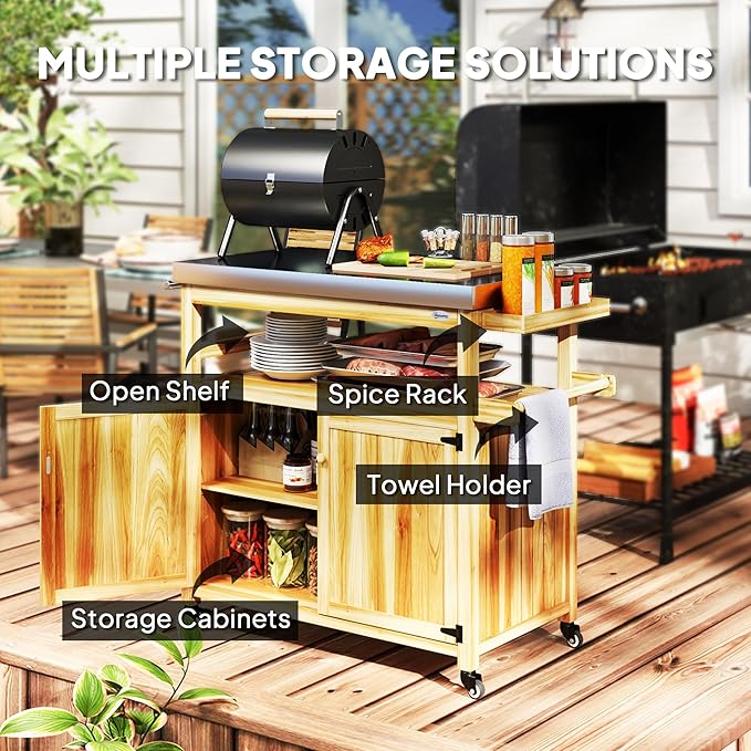 Outsunny Outdoor Grill Cart with Wheels and Storage, Solid Wood Outdoor Kitchen Island with Stainless Steel Top, Movable Bar Cart with Spice Rack, Side Handle, Integrated Hole for BBQ, Natural Wood-Ruum Studio Home