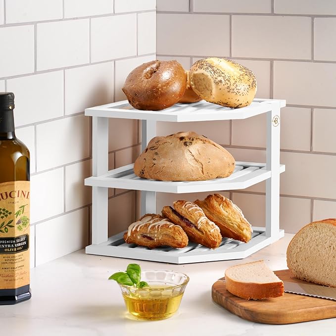 Cabinet Organizer Shelf - Bamboo Corner Rack for Kitchen Counter, Cabinet Space Saver for Plates, Dishes, Bowls, Bread Pantry, Bathroom Storage or Countertop Stand, White-Ruum Studio Home