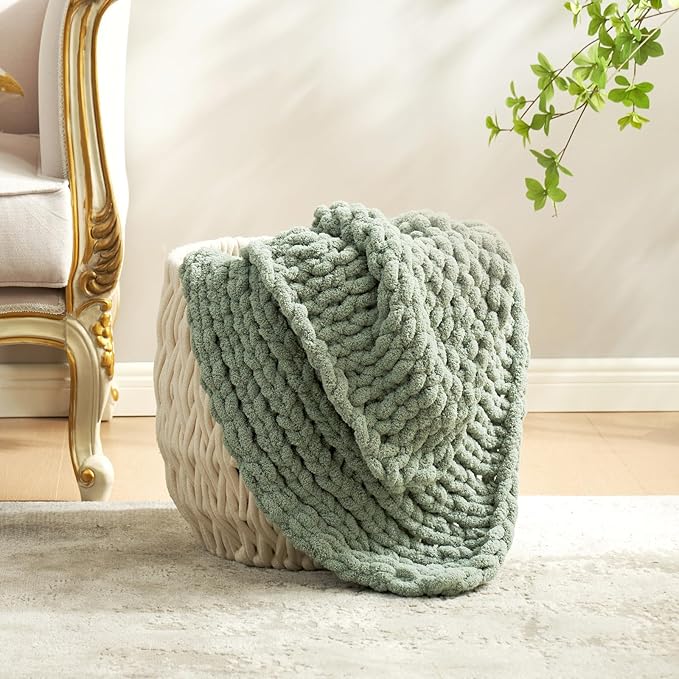 Amélie Home Chunky Knit Throw Blanket for Couch, Soft Chenille Crochet Blanket for Sofa, 50"x60", Sage Green-Ruum Studio Home