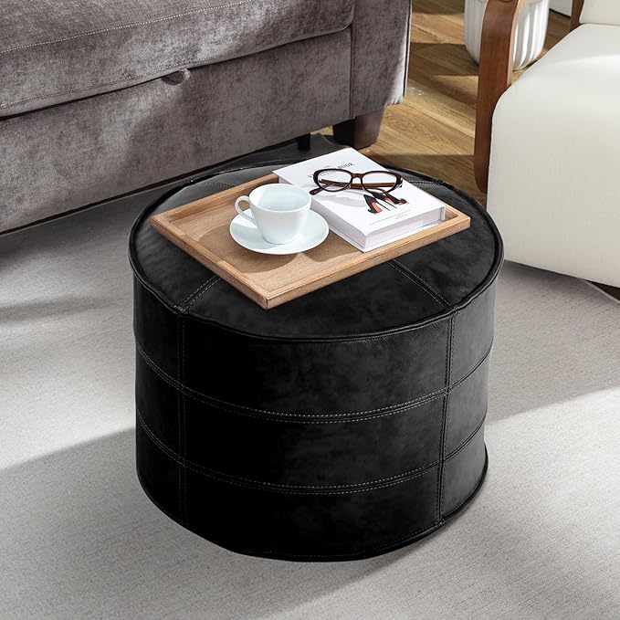 Round Leather Ottoman,Handmade Stuffed Ottoman,Genuine Leather Pouf, Foot Rest Pouf,Comfortable Soft Seating for Living Room & Bedroom (Black, Round)-Ruum Studio Home