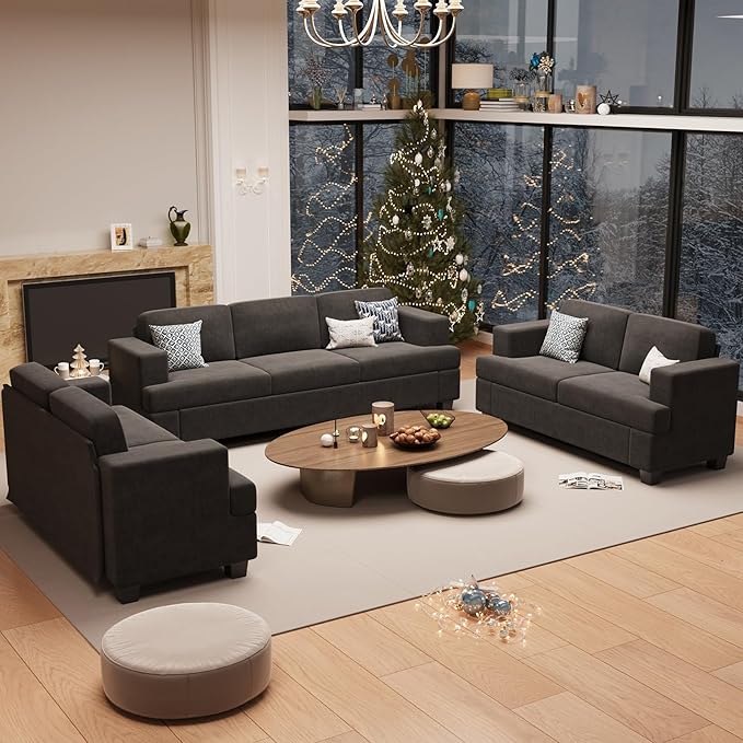 Sofa, 89" 3-Seater Deep Seat Sofa, Modern Comfy Couches for Living Room Apartment Lounge, Dark Grey Chenille-Ruum Studio Home