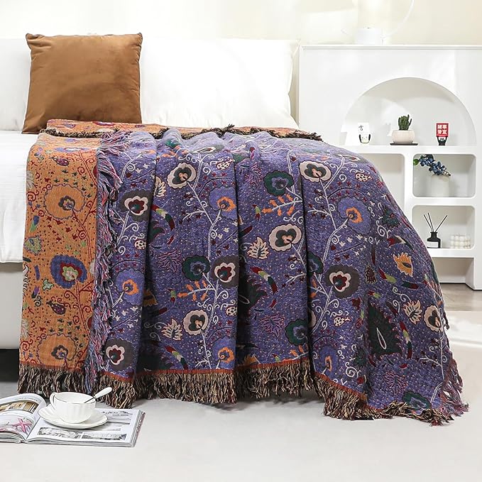 Boho Throw Blanket for Bed,100% Ultra Cotton Soft Breathable Bed Throw Floral Printed Farmhouse Decor Rustic Bed Throws for Couch Sofa Quilt Purple Flowers 60" x 80"-Ruum Studio Home
