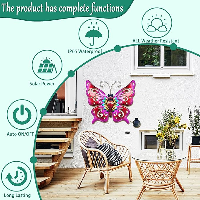 Solar Garden Light, Metal Butterfly Wall Art, 19" Large Hanging Decor for Garden Patio Fences Porch Yard Art Outdoor Wall Decor, Weatherproof Decorative Lighting, Housewarming Wedding Birthday Gift-Ruum Studio Home