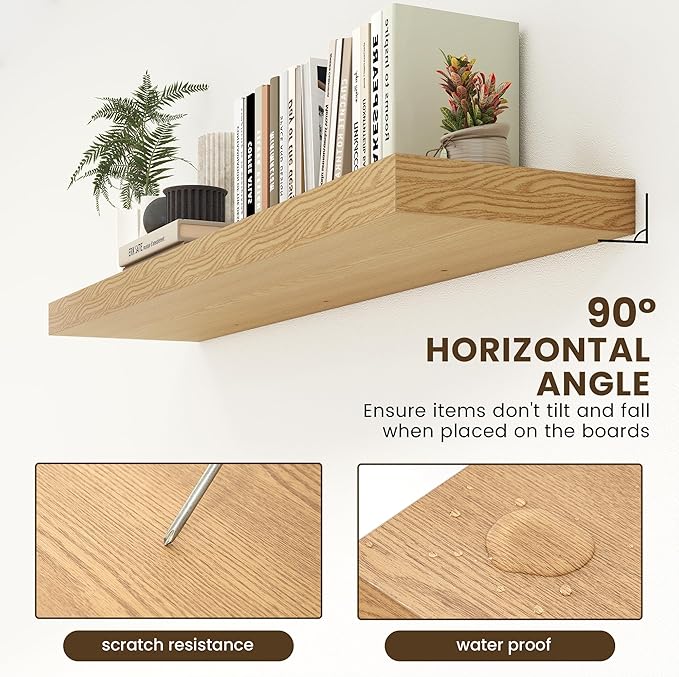 Deep Floating Shelves for Wall - 55 Inch Wide x 12 Inch Deep Wall Shelves Set of 1 - Rustic Oak Color Wood Shelves for Living Room, Bathroom, Laundry Room, Bedroom, Kitchen, Home Office-Ruum Studio Home