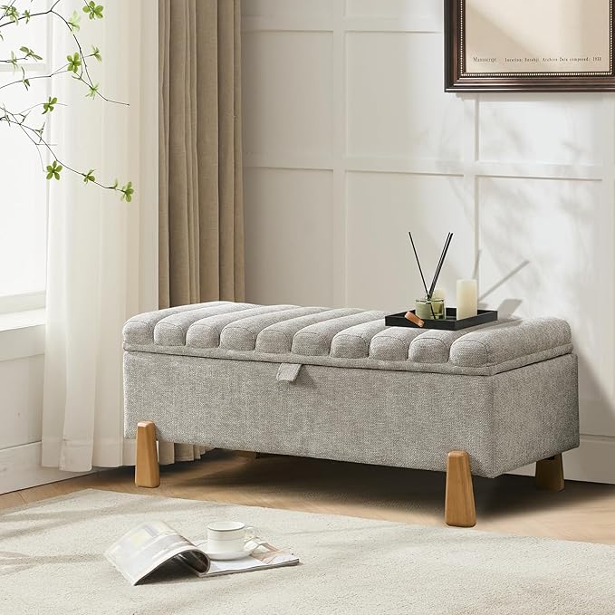 Storage Ottoman Bench, Bedroom Storage Bench Foot Rest with Legs, 17.1 x 48.6 x 18.5 Inches, End of Bed Bench, Load up to 500 lb, for Living Room, Bedroom, Entryway, Light Gray-Ruum Studio Home