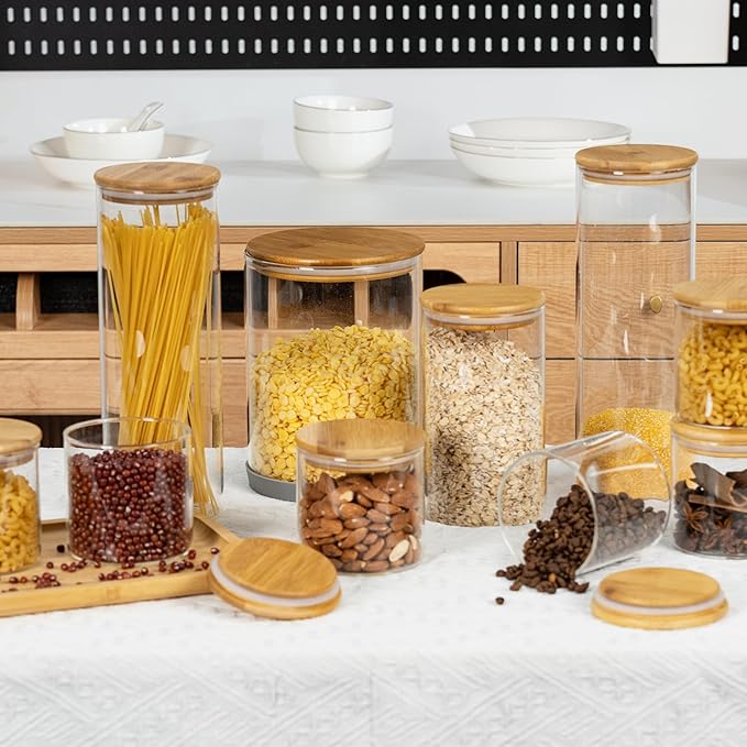 70oz Straight cylindrical Airtight Storage Jars with Bamboo Lid Set of 3 Storage Container Glass Jars, Kitchen Canister for Noodles, Pasta and Coffee beans (‎with Black Lable)-Ruum Studio Home