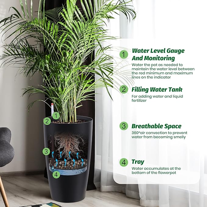 22" Tall Round Planter Set of 2, Self Watering Pots for Indoor Plants, Large Flower Pot Outdoor with Built-in Drainage and a Water Level Monitor, for Patio, Porch, Living Room, or Home Office, Black-Ruum Studio Home