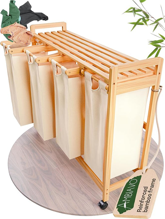 Laundry Sorter with 4 Sections beige, Hamper with Removable Cotton Bags & Wheels – Perfect Laundry Organizer - Eco-Friendly Rolling Laundry Basket – Durable Bamboo and Stylish Design-Ruum Studio Home