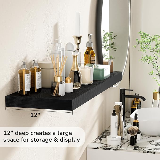 Fun Memories Floating Shelves - 2 Pack 12 Inch Rustic Wooden Wall Shelves - Extra Deeper & Thicker Wall Mounted Storage Shelf for Living Room, Kitchen, Farmhouse - 36" W x 12" D x 1.8"H - Rustic Black-Ruum Studio Home