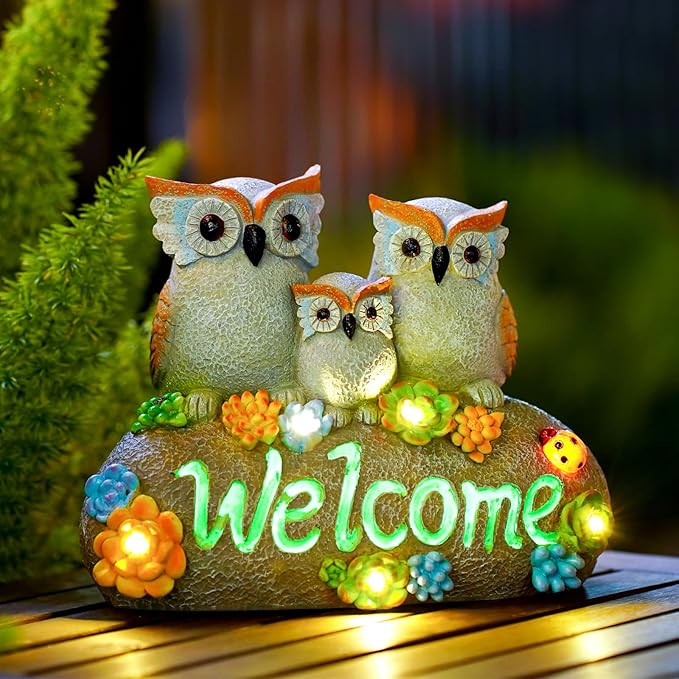 Nacome Solar Owl Statues for Garden Decor: Welcome Sign Outside Lawn for Patio/Balcony/Yard Art/Lawn Ornament House Warming Gifts for Mom/Women-Ruum Studio Home