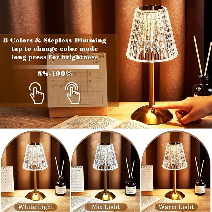 Liliful 6 Pcs LED Portable Cordless Table Lamp Touch Battery Operated Rechargeable Desk Lamp 3 Color Dimmable for Bedroom Living Room Dining (Classic Style,Gold)-Ruum Studio Home