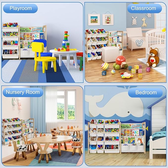 Large Toy Storage Organizer with Bookshelf, Toy Organizers and Storage with 12 Storage Bins, 4 Tier Multipurpose Toys Organizer Storage for Kids Room, Playroom, Nursery Room, White-Ruum Studio Home