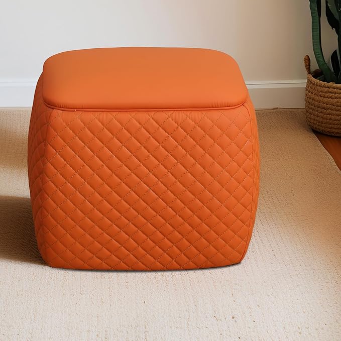 Ottoman Rectangular Storage Ottoman Bench, Faux Leather Footrest, Stool Footstool for Living Room, Bedroom, Entryway, Orange, 19.5"x15.5"x18"-Ruum Studio Home