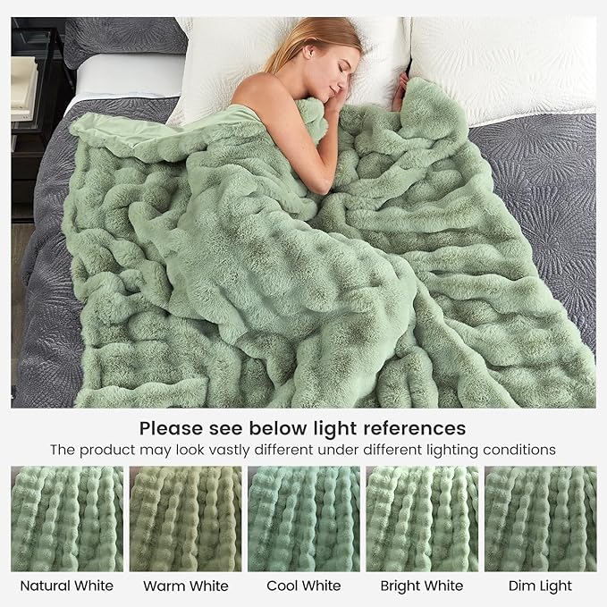Cozy Bliss Faux Fur Throw Blanket for Couch, Fuzzy Soft Plush Thick Bubble Blanket for Sofa Bedroom Living Room, 60 * 80 Inches Sage Green-Ruum Studio Home