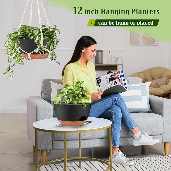 Hanging Planters for Outdoor Indoor Plants, 2 Pack 12 Inch Hanging Basket Plants Outdoor, Self Watering Hanging Planter with Plant Hanger for Garden Home Decoration (Black)-Ruum Studio Home